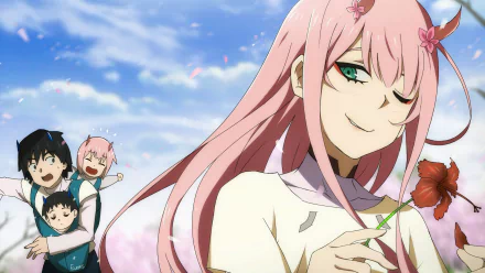HD desktop wallpaper featuring Zero Two from Darling in the FranXX holding a red flower, with Hiro and others joyfully interacting in the background. The anime setting is vibrant and colorful.