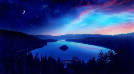 A serene winter night over a purple and blue starry sky, reflecting on a calm lake surrounded by silhouetted trees under a crescent moon.