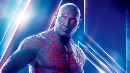 Drax the Destroyer with red tattoos and a fierce stare against a neon cosmic backdrop — Avengers: Infinity War movie 8K Ultra HD PC desktop wallpaper