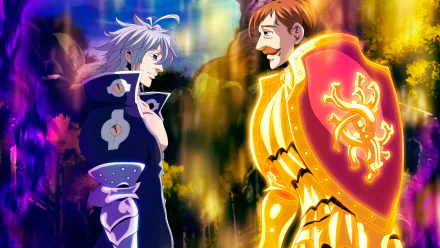 Anime characters Escanor with yellow eyes and brown hair, and Estarossa with white hair and purple eyes from The Seven Deadly Sins, stand in armor with shields, depicted in a vibrant HD desktop wallpaper.