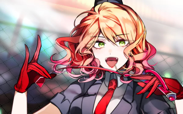 4K Ultra HD PC desktop wallpaper of Angels of Death's Catherine Ward: anime-style, grinning pink-blonde hair, green eyes, red gloves and tie, holding a chain before a chain-link fence.