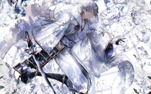 Tsurumaru Kuninaga from Touken Ranbu, anime-style, in flowing white robes wielding a sheathed katana amid swirling cherry blossom petals — 2K Quad HD PC desktop wallpaper/background.