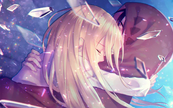 HD desktop wallpaper featuring Rachel Gardner and Zack from the anime Satsuriku no Tenshi (Angels of Death). Rachel, with closed eyes, embraces a hooded Zack amidst ethereal, floating shards.