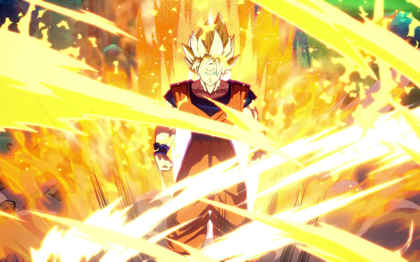 4K Ultra HD PC wallpaper featuring Goku in Super Saiyan 2 form from the Dragon Ball FighterZ video game, surrounded by vibrant golden energy and electric sparks.