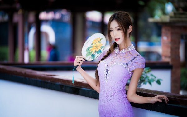 Women Asian Model Depth Of Field Brunette Brown Eyes Braid Fan Purple Dress HD Wallpaper | Background Image