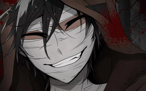 HD desktop wallpaper of Zack from Satsuriku no Tenshi (Angels of Death) with black hair and a smile, featuring a dark and intense background.