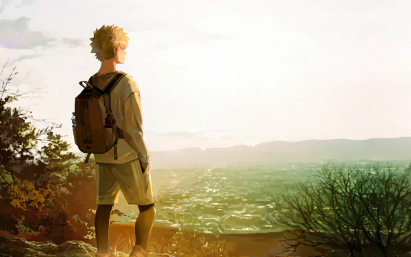 HD desktop wallpaper featuring Katsuki Bakugou from My Hero Academia, standing on a hilltop overlooking a vast landscape, with a serene and golden sunset in the background.