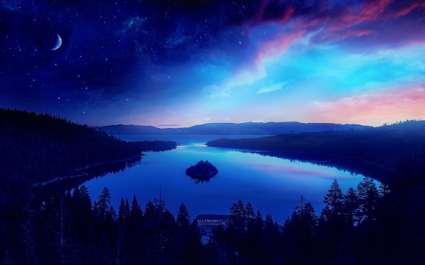 Artistic Lake Tree Winter Sky Blue Starry Sky Purple Night HD Wallpaper | Background Image