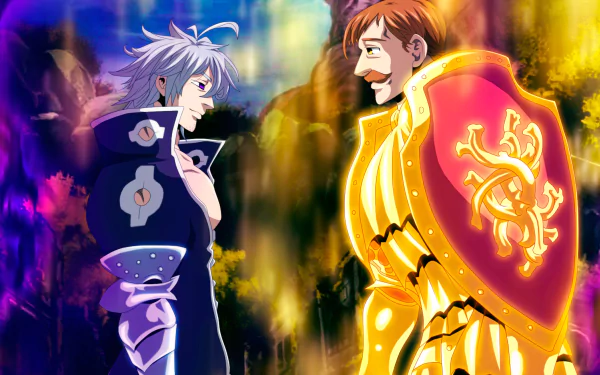 Anime characters Escanor with yellow eyes and brown hair, and Estarossa with white hair and purple eyes from The Seven Deadly Sins, stand in armor with shields, depicted in a vibrant HD desktop wallpaper.
