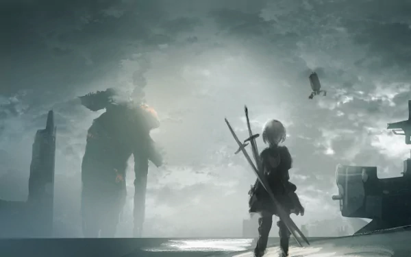 A high-definition desktop wallpaper featuring YoRHa No.2 Type B, a character from the video game NieR: Automata, standing with a large sword in a post-apocalyptic landscape with a giant robot in the distance.