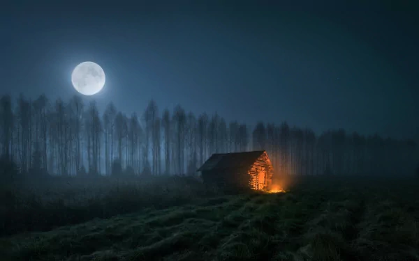 A serene HD desktop wallpaper features a full moon illuminating a field with a lone cabin, nestled among trees on a misty night. A warm light glows from the cabin, creating a tranquil and cozy scene.