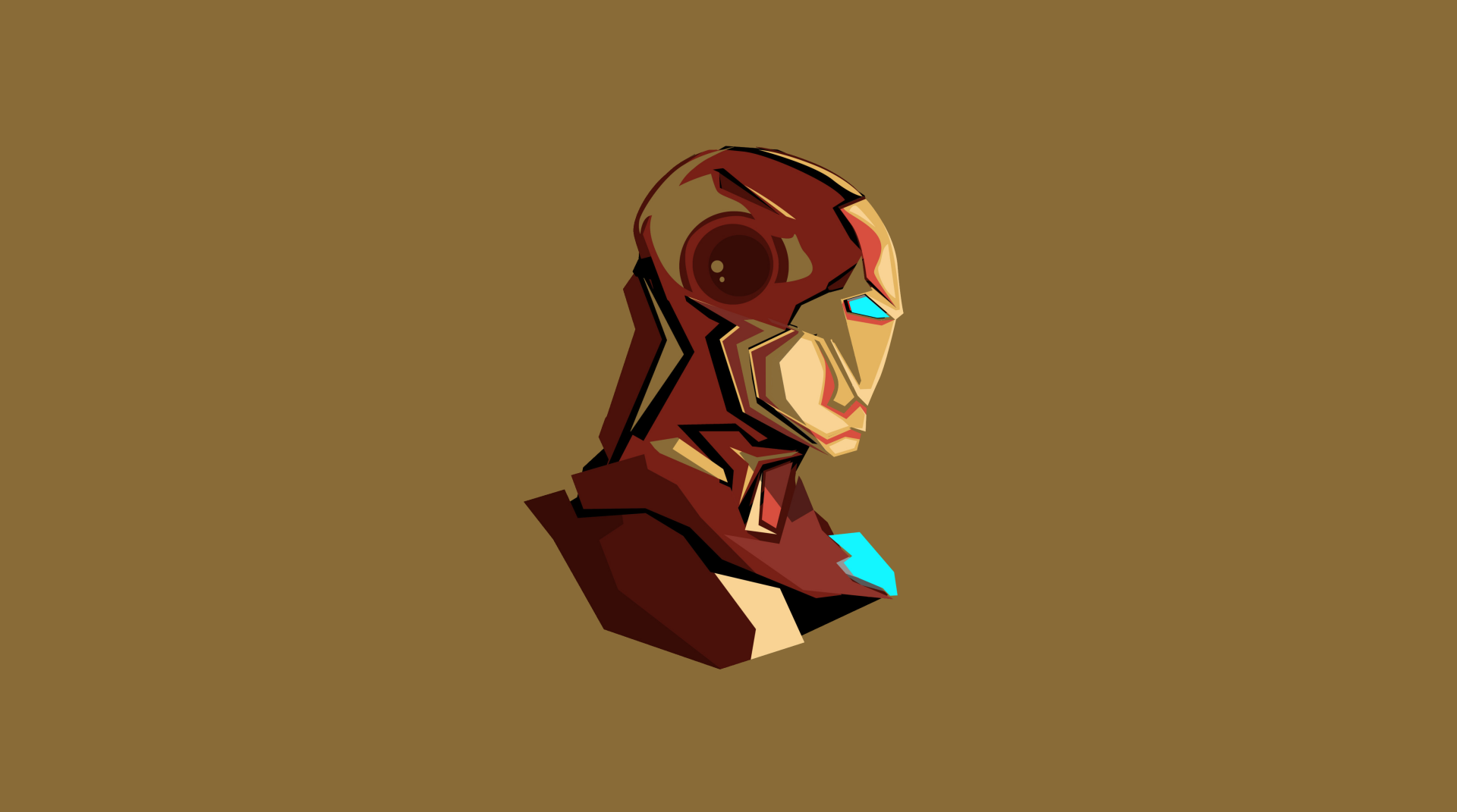 4K Ultra HD comic-style illustration of Tony Stark as Iron Man, featuring his iconic red and gold armored helmet on a plain brown background.