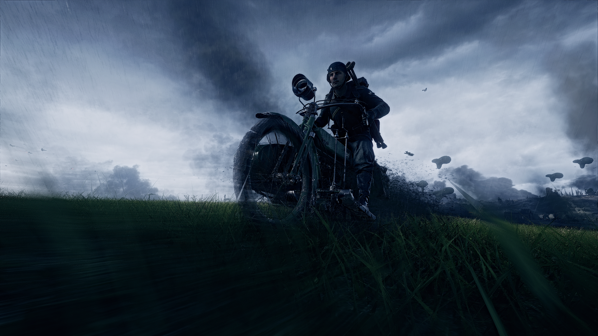 HD PC desktop wallpaper from the video game Battlefield 1, featuring a soldier on a motorcycle in a dramatic, cloudy battlefield setting.