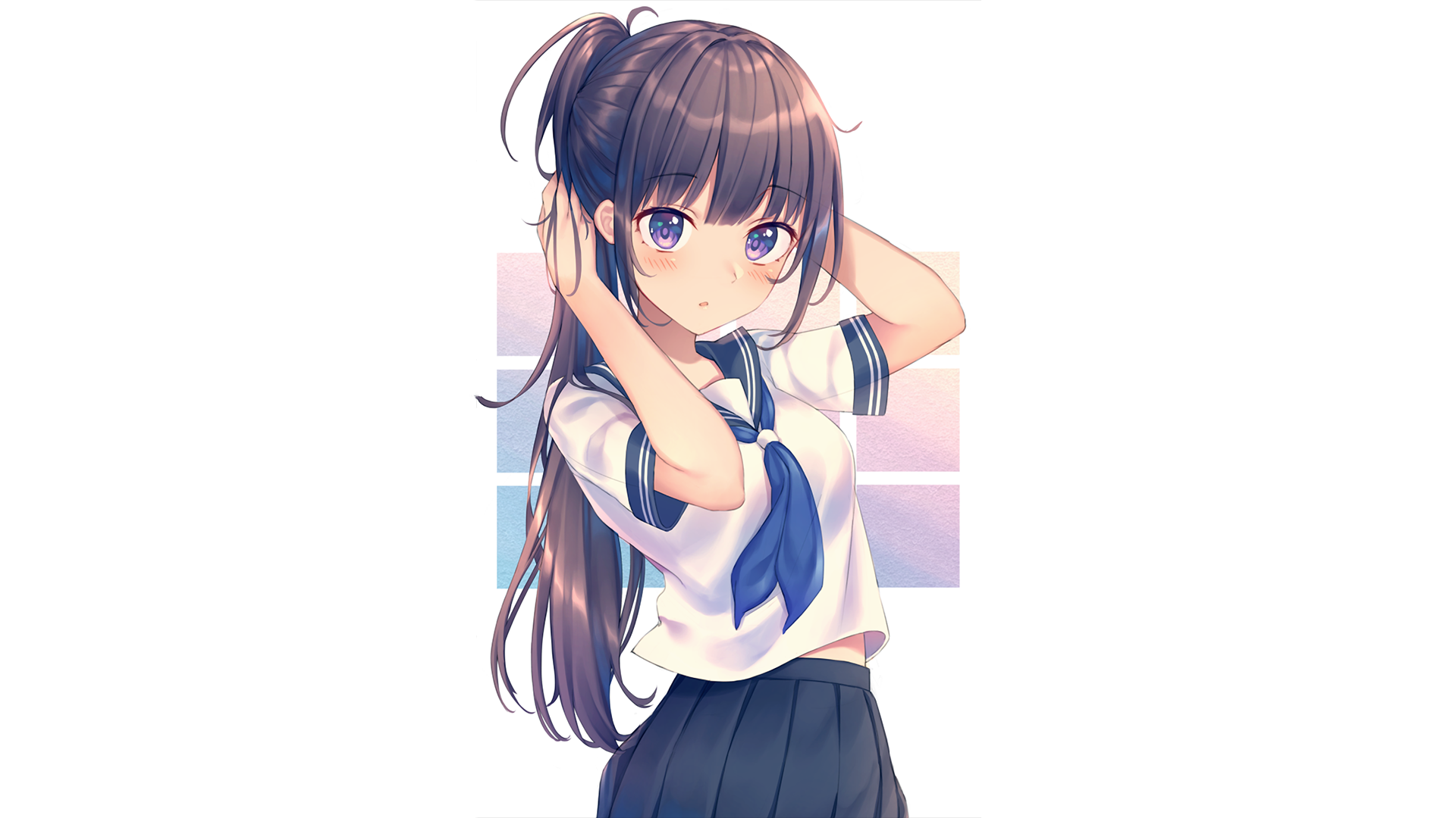 HD PC desktop wallpaper featuring an original anime character with long brown hair and blue eyes in a school uniform against a softly colored background.