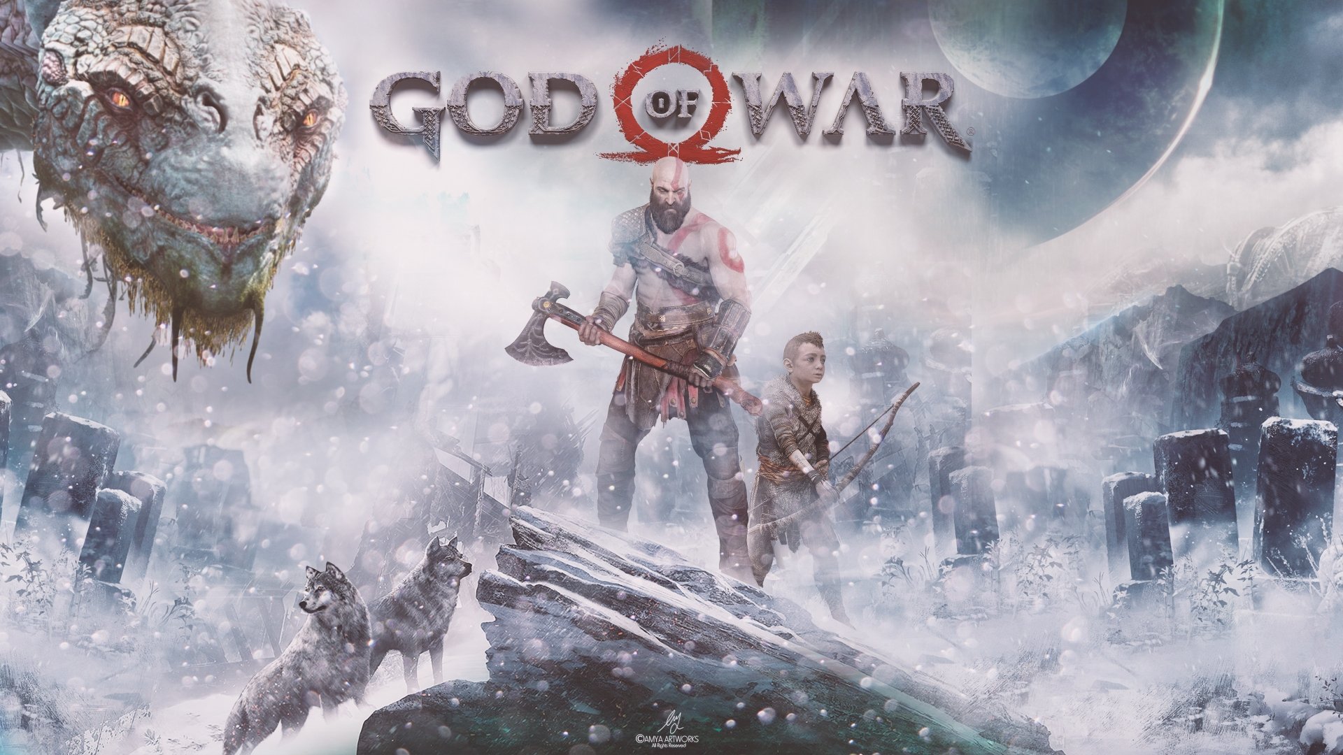 HD desktop wallpaper of Kratos, the bald axe-wielding warrior, and his archer son Atreus from God of War (2018), featuring a sea monster and wolves in a snowy, mythical landscape.