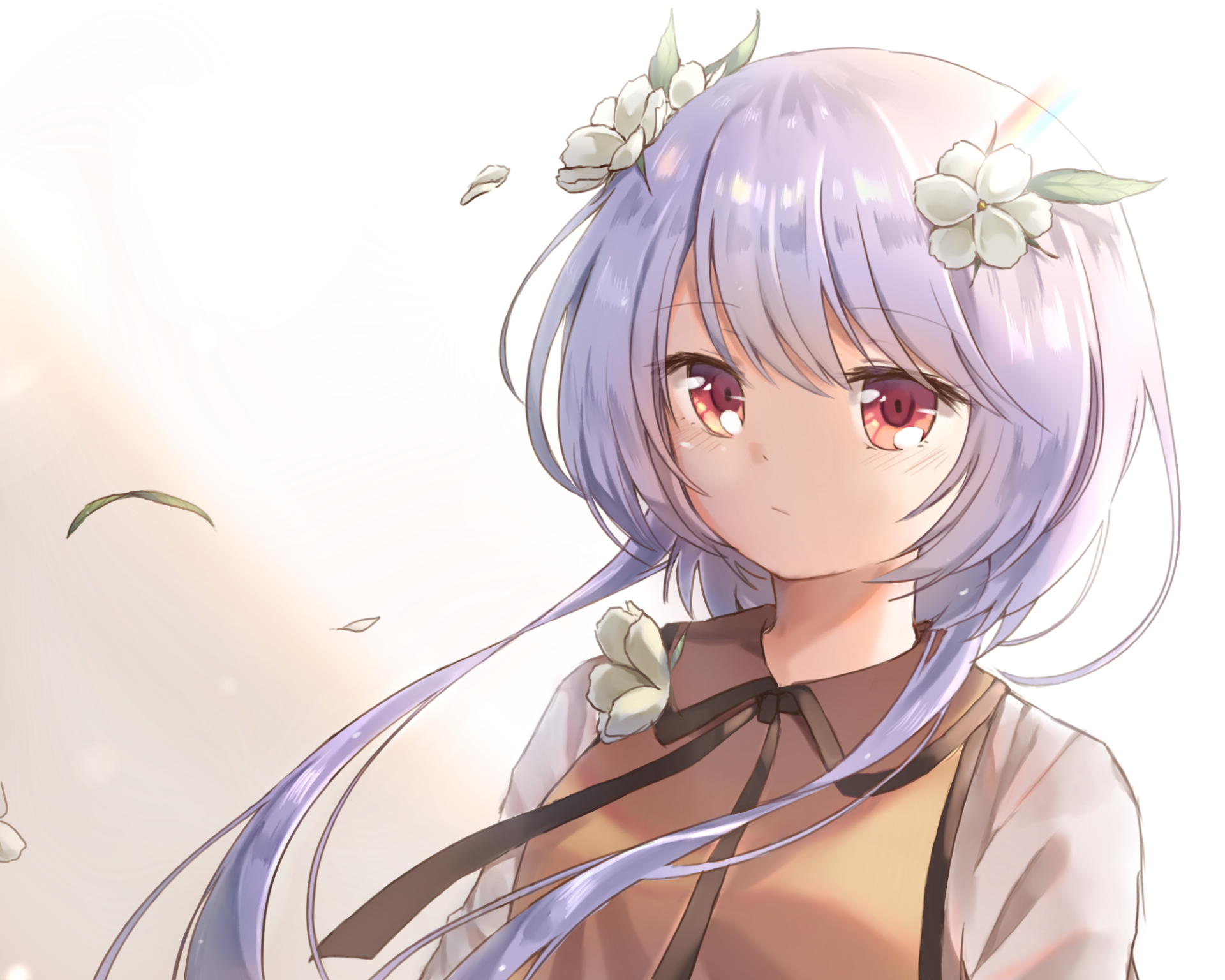 HD anime desktop wallpaper featuring Benben Tsukumo from Touhou with lavender hair, red eyes, and white flowers adorning her hair against a light background.