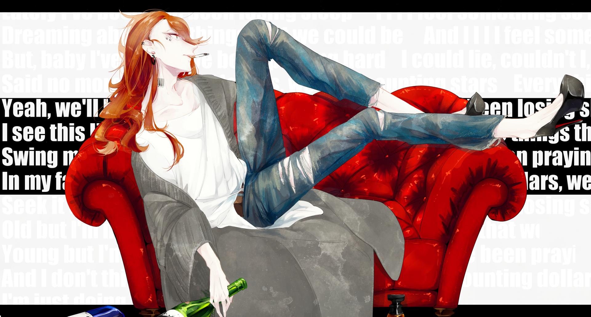 Download Earrings Cigarette Bottle Brown Hair Long Hair Anime Original HD Wallpaper by S003