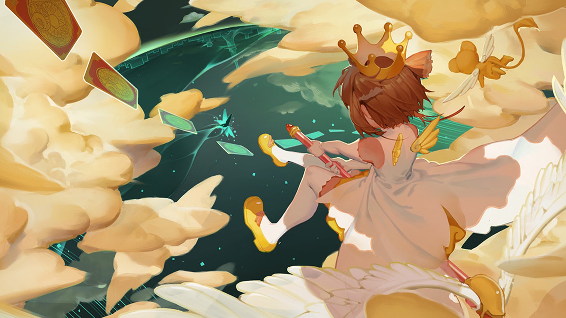 HD PC desktop wallpaper featuring Sakura Kinomoto and Keroberos from the anime Cardcaptor Sakura, set against a dreamy sky with floating cards and clouds.