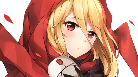 Anime character Evileye from Overlord with blonde hair and red eyes, wearing a red cloak, depicted in a detailed HD desktop wallpaper and background.