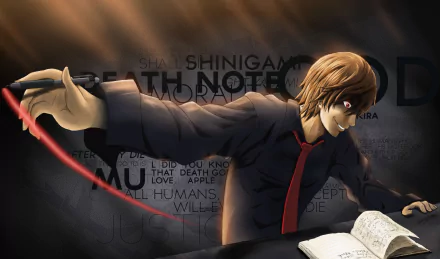 HD PC desktop wallpaper: Light Yagami (Death Note anime) in dramatic lighting, red-eyed and clutching an open Death Note, red tie trailing as shadowy shinigami text looms behind him.
