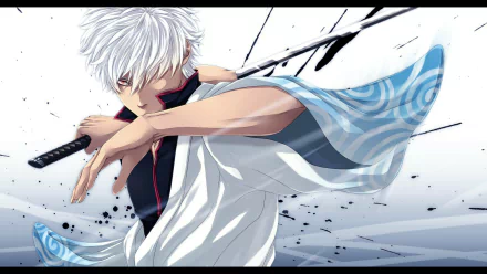 HD desktop wallpaper featuring Gintoki Sakata from the anime Gintama, with white hair and a sword, striking a dynamic samurai pose.