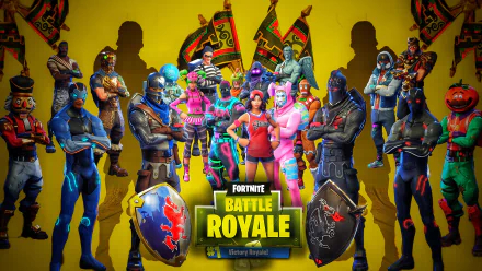 HD desktop wallpaper and background featuring Fortnite Battle Royale, showcasing various vibrant characters from the popular video game Fortnite in a dynamic group pose.