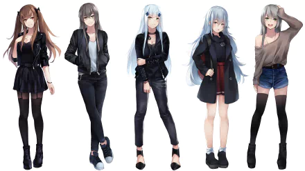 HD desktop wallpaper featuring characters from the video game Girls Frontline, showcasing five different animated girls with distinct outfits and hairstyles against a plain white background.