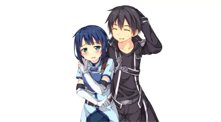 Kirito and a blue-haired female character from Sword Art Online depicted in anime style, featured in an HD PC desktop wallpaper and background.