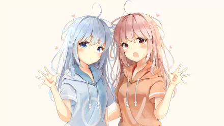 Anime-style HD PC desktop wallpaper featuring two original girls with blue and pink hair, wearing casual hoodies, set against a soft pastel background.