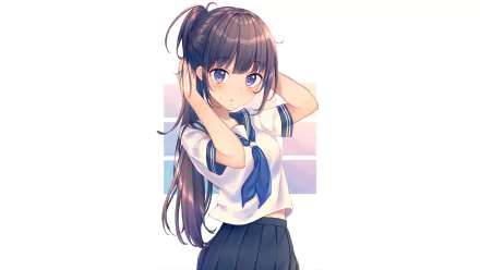 HD PC desktop wallpaper featuring an original anime character with long brown hair and blue eyes in a school uniform against a softly colored background.