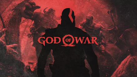 HD desktop wallpaper of Kratos from God of War (2018), featuring a striking silhouette against a red-toned background with intense battle scenes.