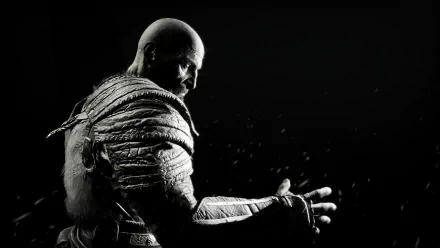 HD desktop wallpaper featuring Kratos from the video game God of War (2018), depicted as a warrior in a dramatic, monochromatic setting.