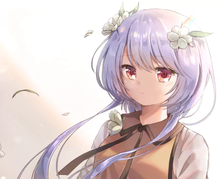 HD anime desktop wallpaper featuring Benben Tsukumo from Touhou with lavender hair, red eyes, and white flowers adorning her hair against a light background.