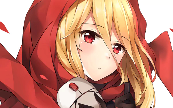 Anime character Evileye from Overlord with blonde hair and red eyes, wearing a red cloak, depicted in a detailed HD desktop wallpaper and background.