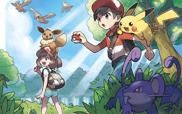 HD wallpaper featuring characters Elaine and Chase from Pokémon Let's Go Pikachu and Let's Go Eevee, with Pikachu, Eevee, Oddish, Pidgey, Rattata, and vibrant forest scenery.