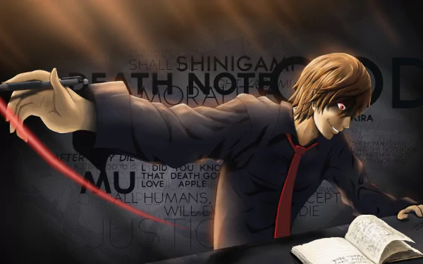 HD PC desktop wallpaper: Light Yagami (Death Note anime) in dramatic lighting, red-eyed and clutching an open Death Note, red tie trailing as shadowy shinigami text looms behind him.