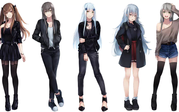 HD desktop wallpaper featuring characters from the video game Girls Frontline, showcasing five different animated girls with distinct outfits and hairstyles against a plain white background.