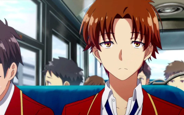 HD anime desktop wallpaper featuring Kiyotaka Ayanokōji from Classroom of the Elite, seated in a school bus with classmates in the background.