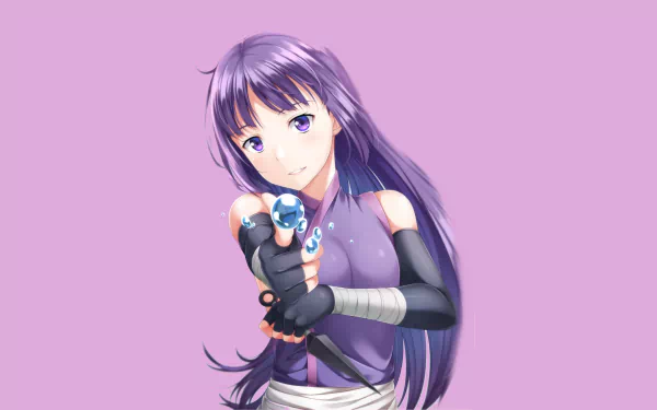 Sumire Kakei from Boruto with long purple hair and a serious expression, holding a chalk orb against a solid pink background, in 4K Ultra HD anime style.