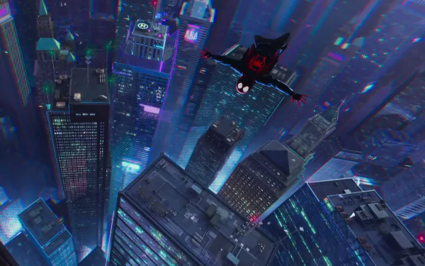 HD wallpaper featuring a scene from Spider-Man: Into The Spider-Verse with Spider-Man diving through a vibrant cityscape at night.