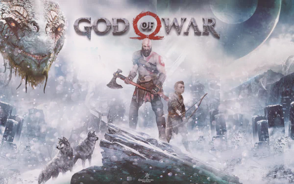 HD desktop wallpaper of Kratos, the bald axe-wielding warrior, and his archer son Atreus from God of War (2018), featuring a sea monster and wolves in a snowy, mythical landscape.