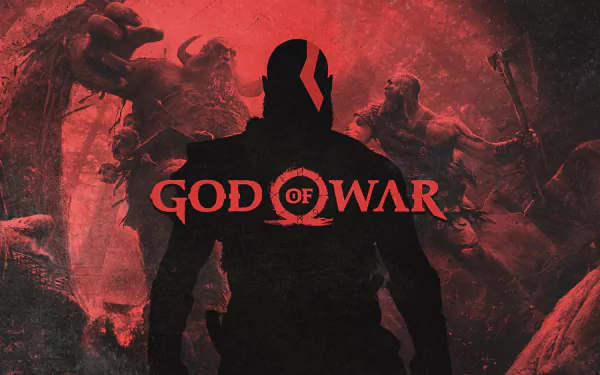 HD desktop wallpaper of Kratos from God of War (2018), featuring a striking silhouette against a red-toned background with intense battle scenes.