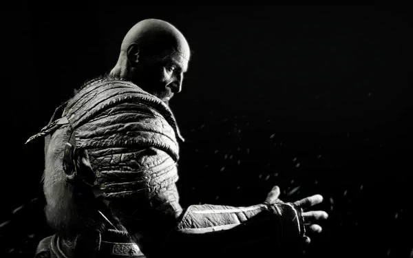 HD desktop wallpaper featuring Kratos from the video game God of War (2018), depicted as a warrior in a dramatic, monochromatic setting.