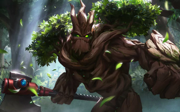 HD PC wallpaper featuring Grover, the warrior tree creature from the video game Paladins, wielding a staff amidst a lush forest background.