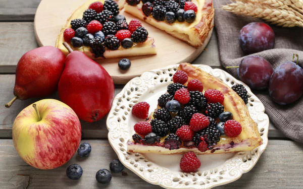 A 4K Ultra HD desktop wallpaper featuring a still life of fruit tart topped with raspberries, blackberries, blueberries, surrounded by plums, pears, and an apple.