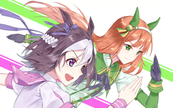 HD desktop wallpaper featuring anime characters Special Week and Silence Suzuka from Uma Musume: Pretty Derby in vibrant colors and dynamic poses.