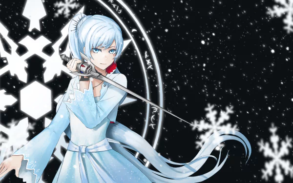 HD desktop wallpaper featuring Weiss Schnee from the anime RWBY, depicted in a snowy, magical background with snowflakes and a glowing circle symbol.