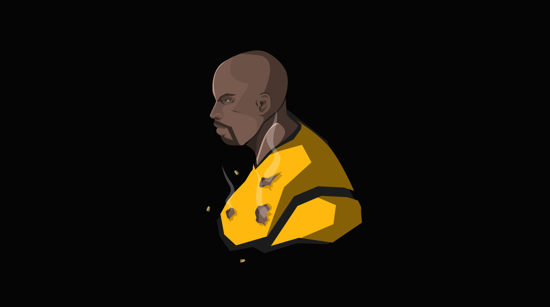 Comic-style Luke Cage bust in a torn yellow shirt on a black background, 4K Ultra HD PC desktop wallpaper/background.