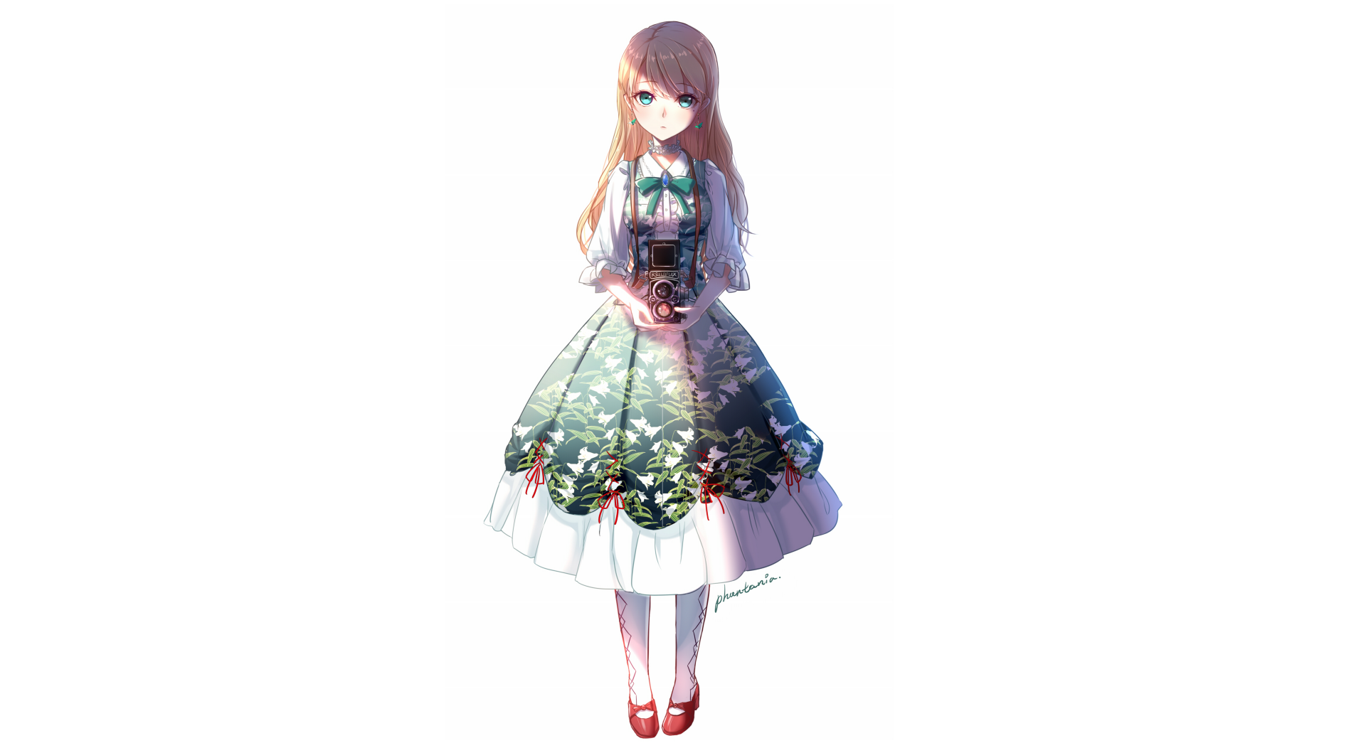 Anime girl with long blonde hair wearing a detailed skirt, holding a camera, presented in sharp 4K Ultra HD for PC desktop wallpaper and background.