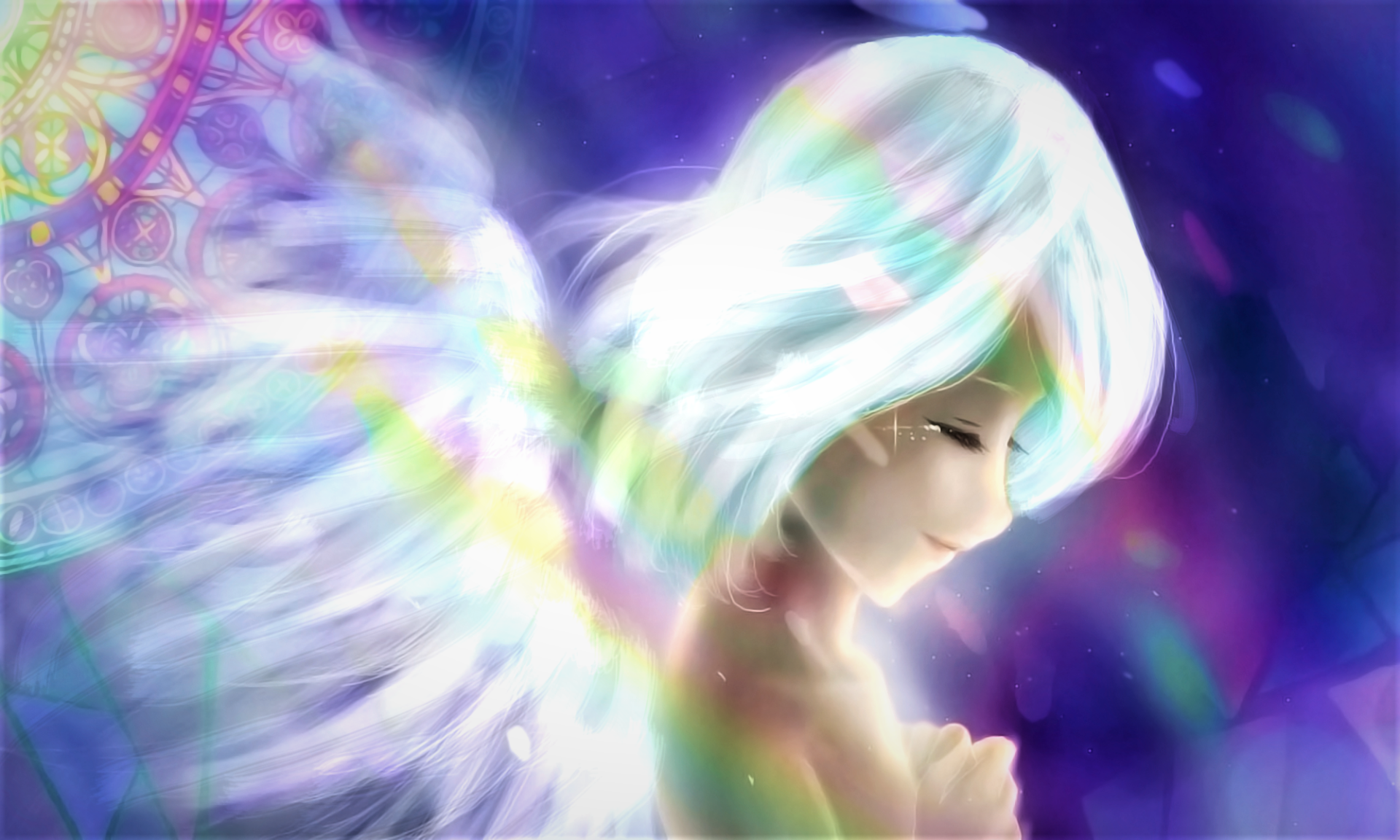 HD PC desktop wallpaper: a serene fantasy angel with white hair and glowing feathered wings, eyes closed amid soft rainbow and purple light.